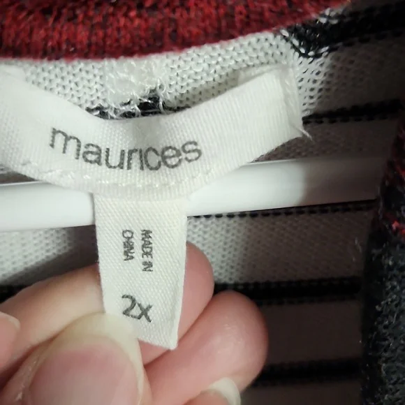 Maurices Black and White Striped Sweater with Red Plaid Accents - Picture 3 of 3